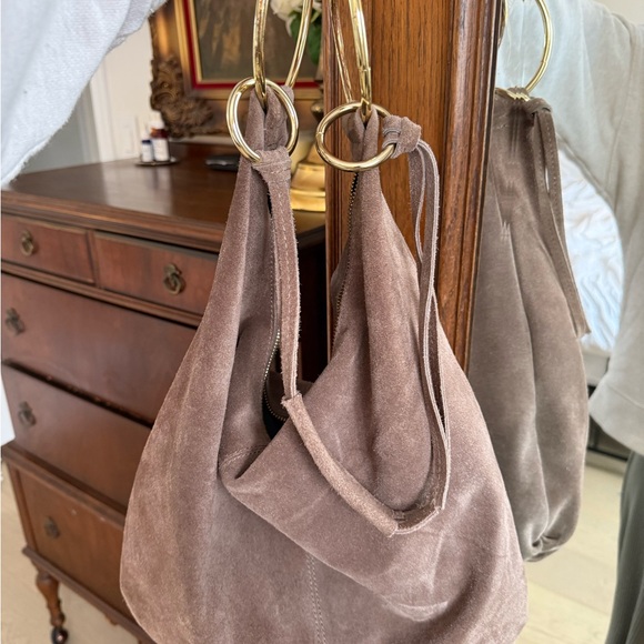 Brown leather Suede Shoulder Bag with Gold Accents - Picture 3 of 7